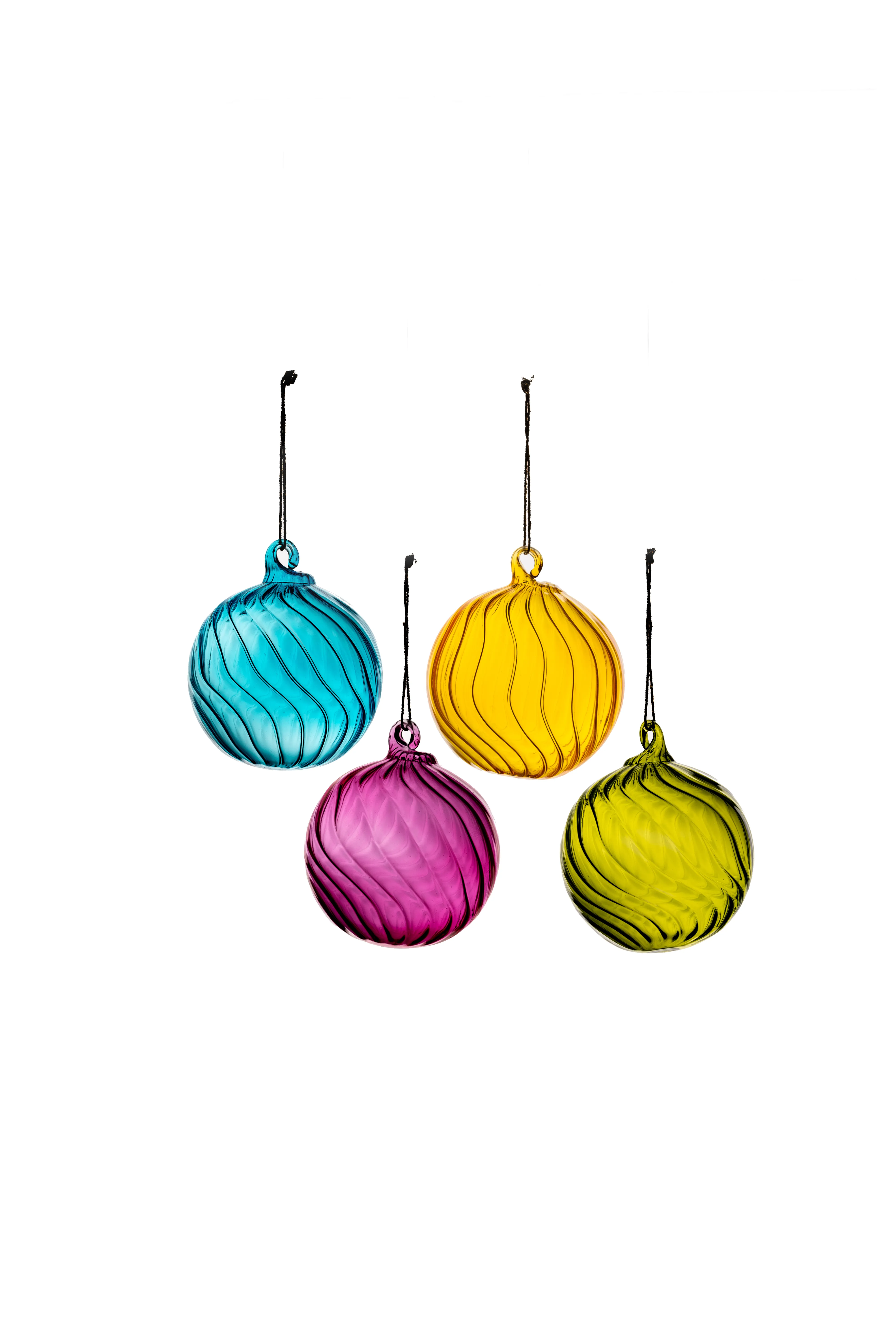 Four swirl-textured glass ball ornaments in turquoise, yellow, magenta, and olive hanging together against a white background.