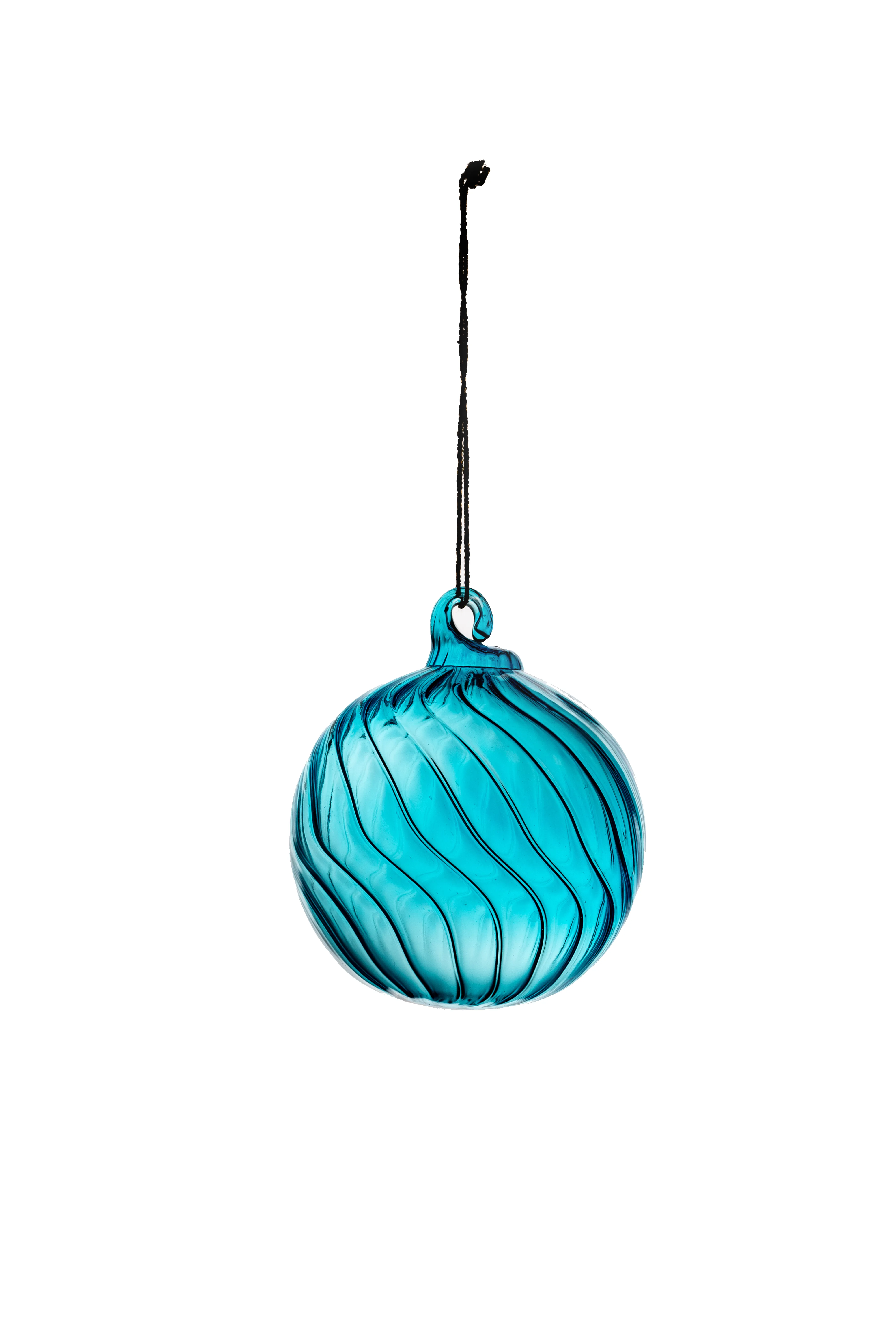 A teal swirl-textured glass ball ornament hanging against a white background.