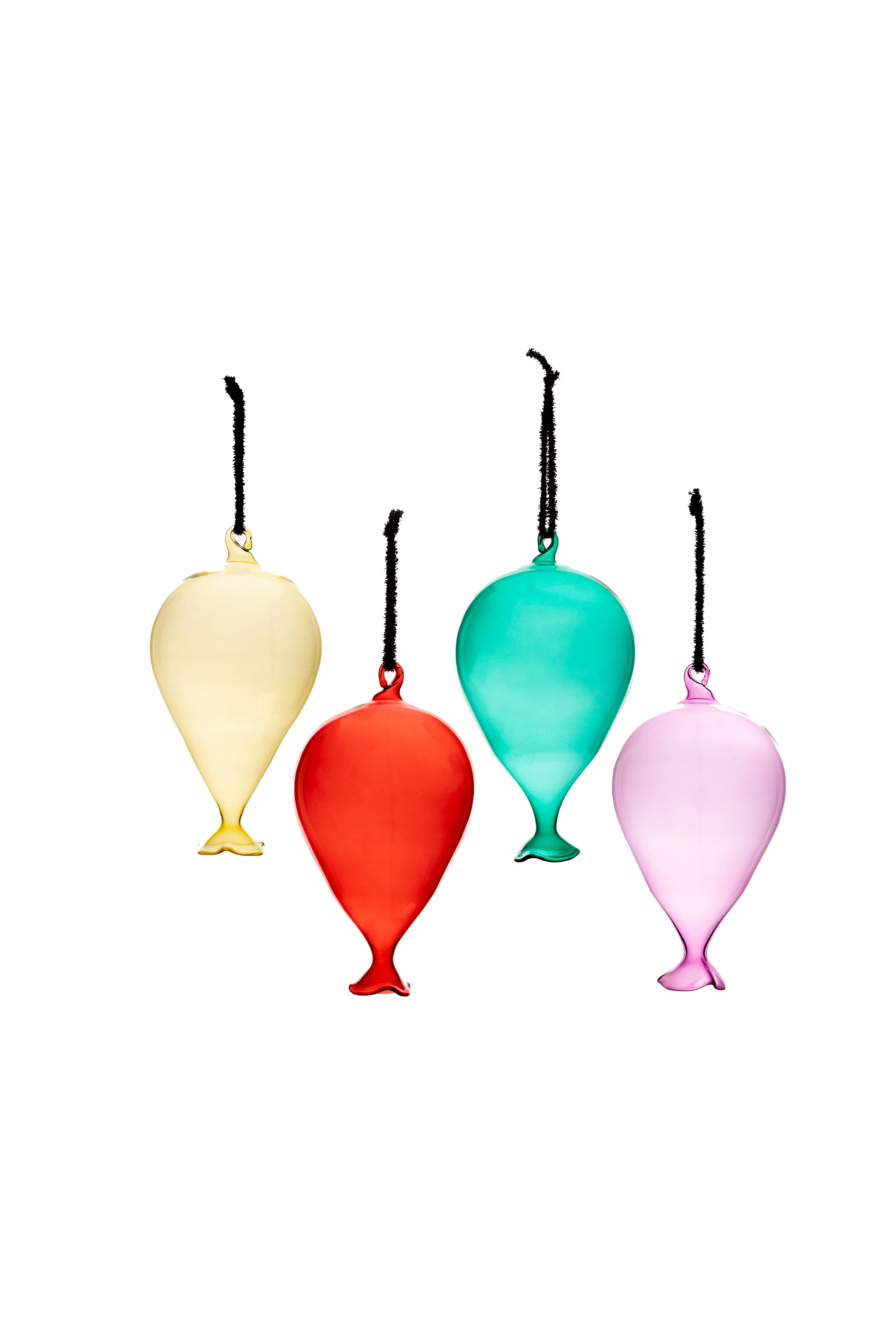 Four glass balloon-shaped ornaments in cream, red, teal, and pink hanging together against a white background.