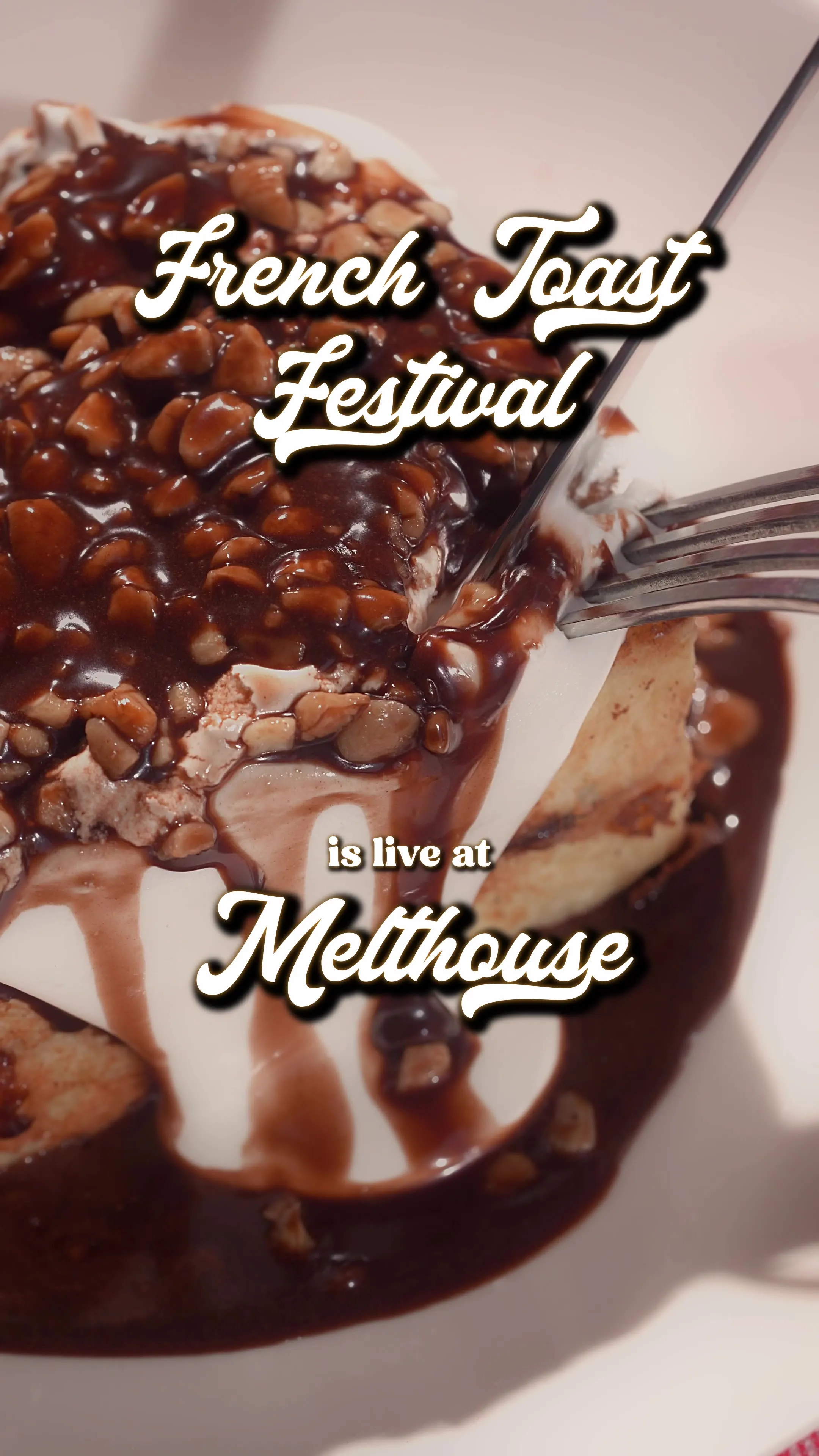 A forkful of a chocolate-drizzled dessert, captioned "Festival is live at Melthouse."
