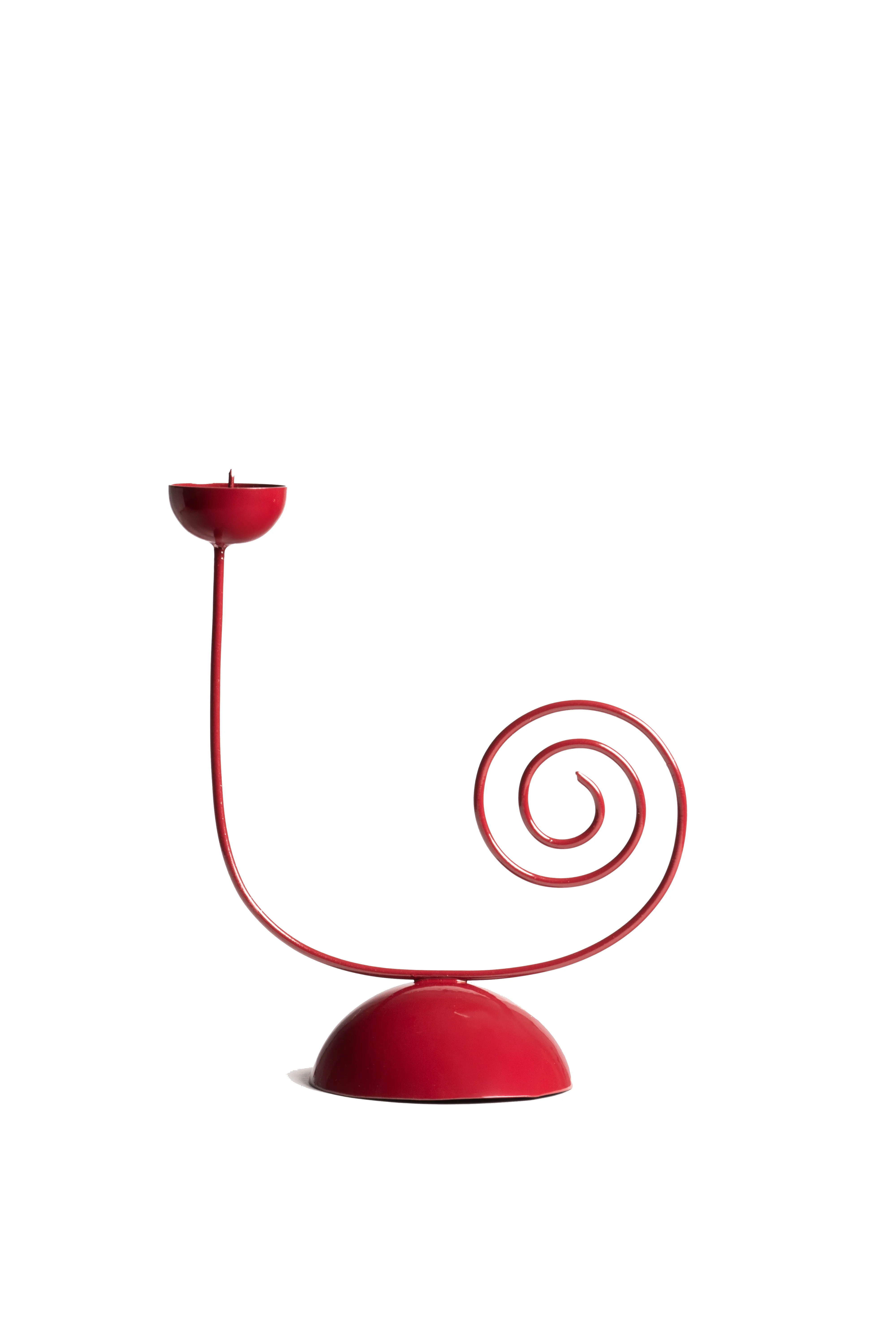 The full red spiral-base single candle holder against a white background.
